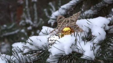 Yılbaşı köknar ağacı kar dalı ve el yapımı yıldız ang altın oyuncağı