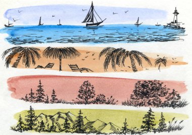 El çizimi seyahat çizimleri seti.