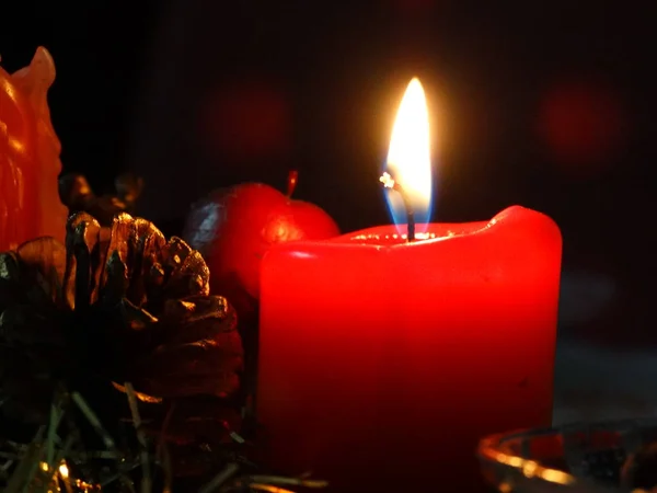 Red Candle Burning Winter Night — Stock Photo, Image