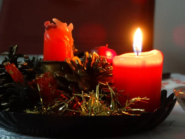 Red Candle Burning Winter Night — Stock Photo, Image