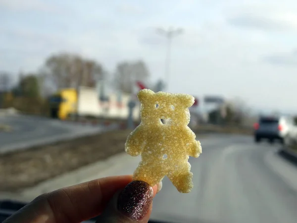Manger Des Chips Pommes Terre Tebby Bear Voyageant Dans Une — Photo