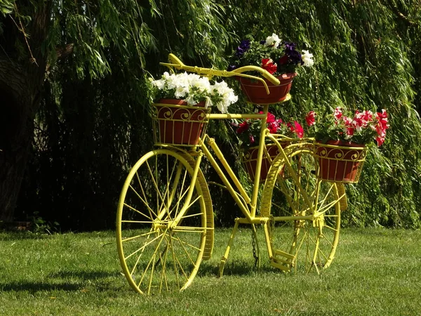 Geel Vintage Fiets Tuin Decoratie — Stockfoto