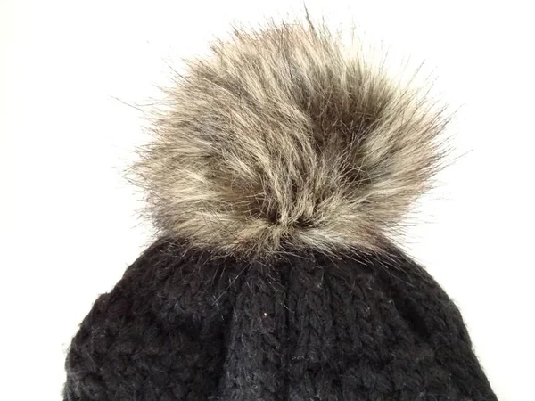 Gray Fluff Ball Black Winter Hat — Stock Photo, Image