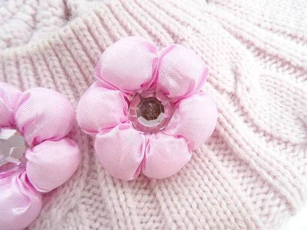 Pink Flower Accessories Shiny White Stone Knitted Winter — Stock Photo, Image