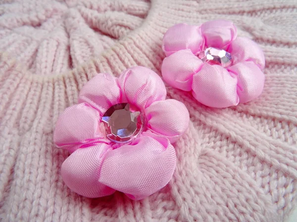 Pink Flower Accessories Shiny White Stone Knitted Winter — Stock Photo, Image