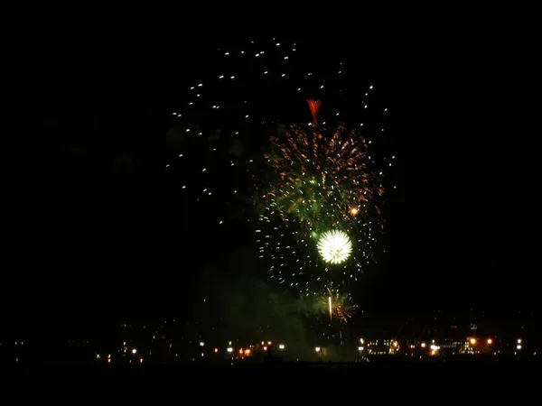 Kleurrijke Vuurwerk Een Zwarte Lucht — Stockfoto