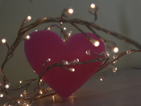 Petites Lampes Tournant Autour Une Forme Coeur Rose — Photo