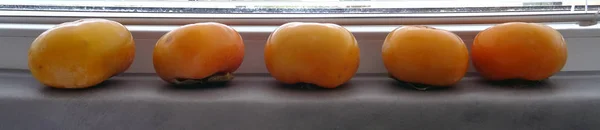 Persimmon Ditata Dalam Satu Baris Dekat Jendela — Stok Foto