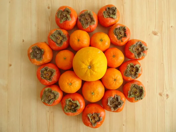 Oranje Kleur Fruits Sinaasappelen Tangerines Kaki Woo — Stockfoto