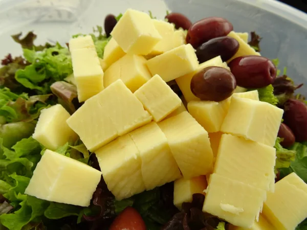 Grøn Salat Med Gul Ost Oliven - Stock-foto