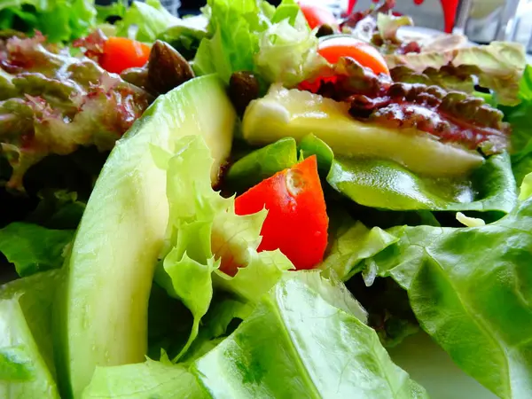 Zöld Saláta Avokádóval Koktélparadicsommal — Stock Fotó