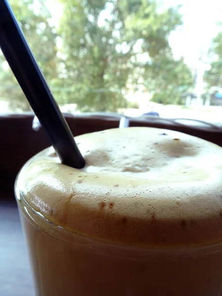 Ice Coffee Much Foam Black Straw — Stock Photo, Image