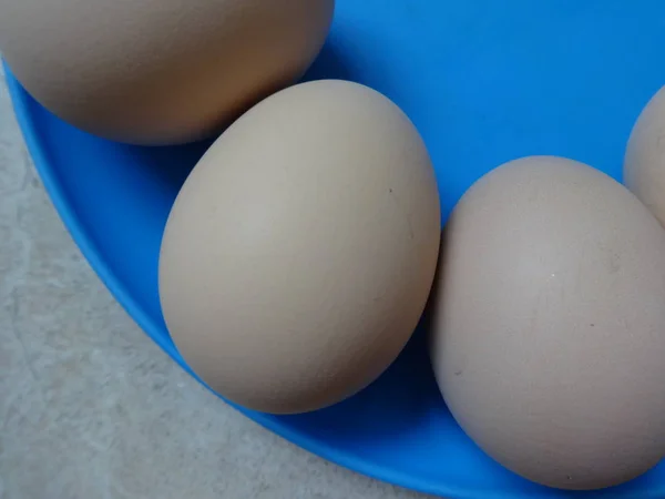 Œufs Cuits Dans Une Assiette Bleue — Photo