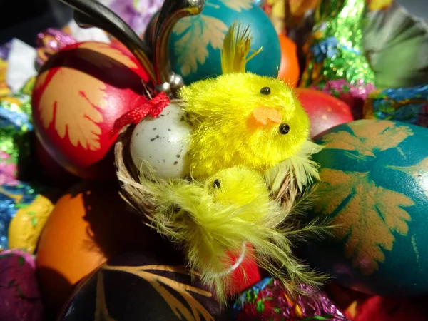 复活节彩蛋装饰巢 配小鸡和鸡蛋 — 图库照片