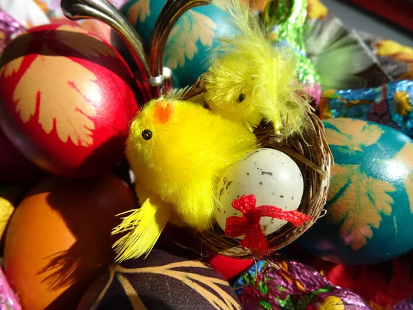 复活节彩蛋装饰巢 配小鸡和鸡蛋 — 图库照片