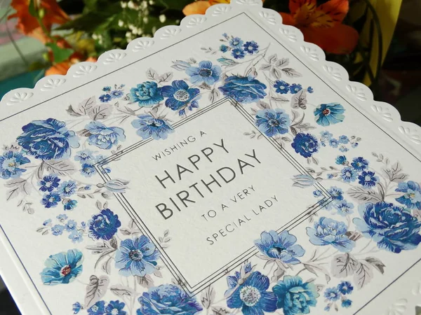 Zadowolony Urodziny Karty Niebieski Kwiaty — Zdjęcie stockowe