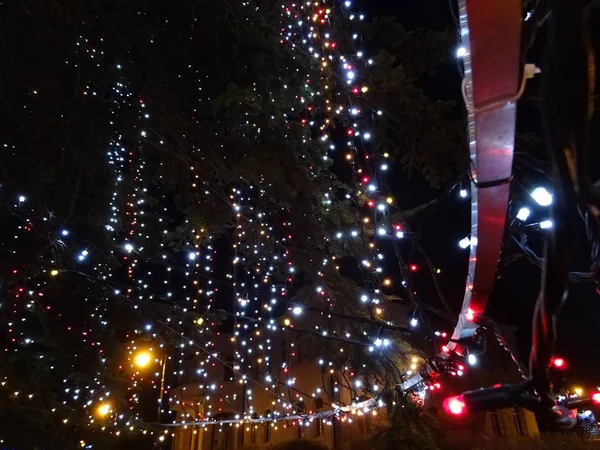Kerstboom Kleurrijke Lichten — Stockfoto