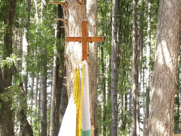 Wooden Christian Cross Symbol and a Flag on a Forest Background