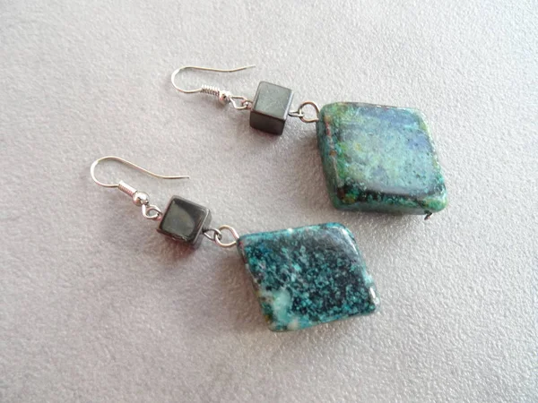 Handmade Earrings with Green Rhomb Gemstone Beads