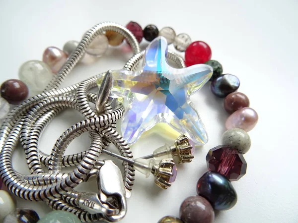 Colorful Gemstone Bracelet Silver Necklace Big Crysta — Stock Photo, Image