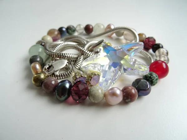 Colorful Gemstone Bracelet and a Silver Necklace with Big Crysta