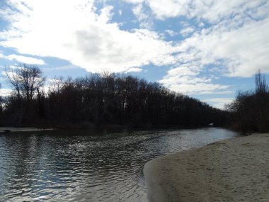 Çıplak ağaçlar ve nehir suya yansıtan gök