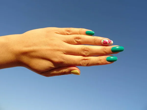 Summer Green Nail Polish with Roses Decoration against the Backg