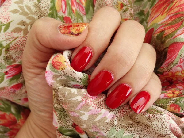 Red Nail Polish with Vintage Flower Art