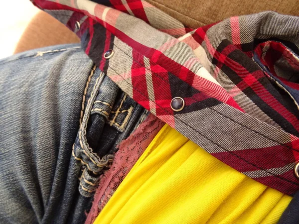 Female Teenage Fashion Jeans Check Shirt — Stock Photo, Image