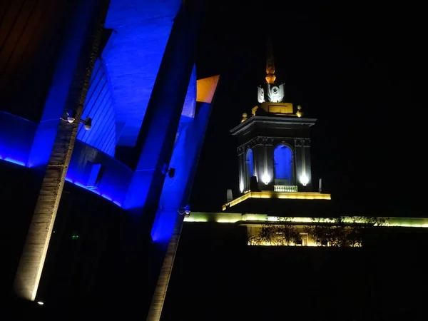 Naval School Blue Lights Night Varna Bulgaria — Stock Photo, Image