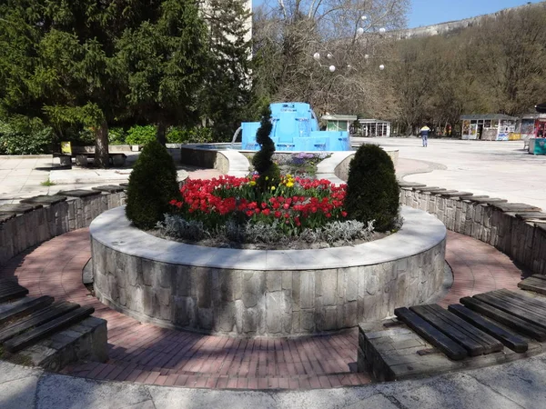 Orta çiçekli yuvarlak Park bankında