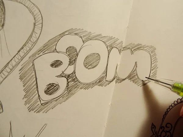 Boom Palabra Dibujo Sobre Papel Blanco — Foto de Stock