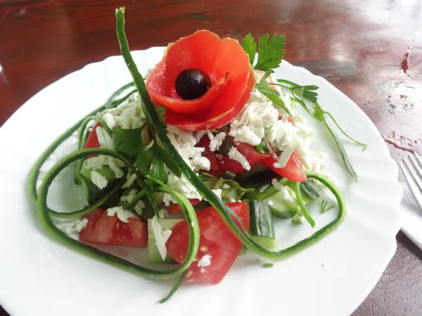 Salada Búlgara Com Tomate Pepinos Queijo Branco — Fotografia de Stock