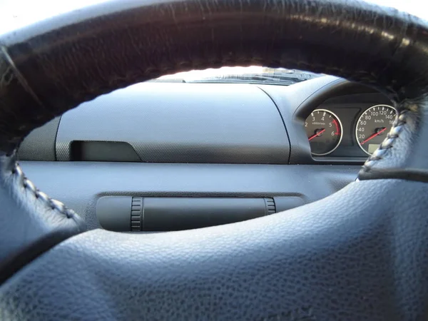 Close View Black Leather Car Steering Wheel — Stock Photo, Image