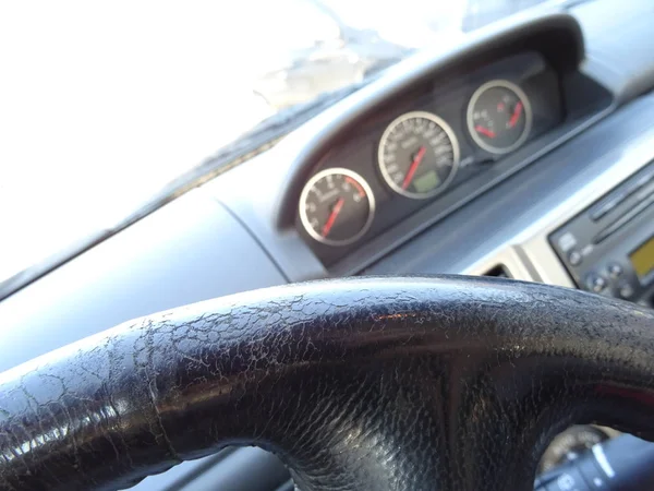 Close View Black Leather Car Steering Wheel — Stock Photo, Image