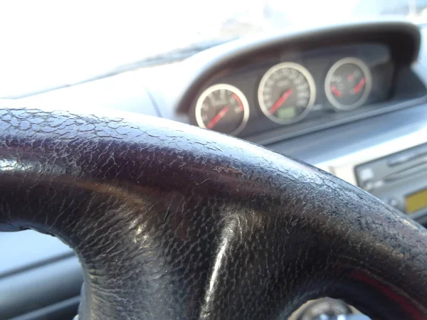 Close View Black Leather Car Steering Wheel — Stock Photo, Image