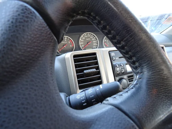 Close View Black Leather Car Steering Wheel — Stock Photo, Image