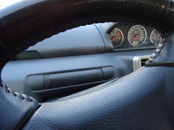 Close View Black Leather Car Steering Wheel — Stock Photo, Image