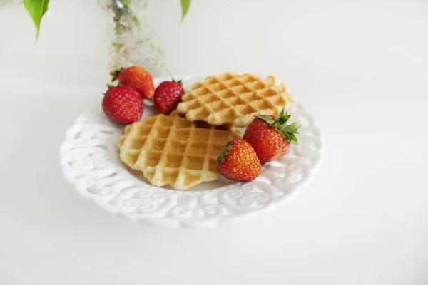 Waffles with Strawberries in a Plate isolated on a White Backgro — Stock Photo, Image