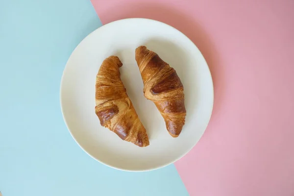 Delicious French Croissants in a White Plate isolated on a Light — Stock Photo, Image