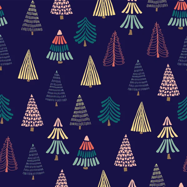 Doodle Christmas Trees Dark Blue Background Seamless Vector Pattern Modern — Stock Vector