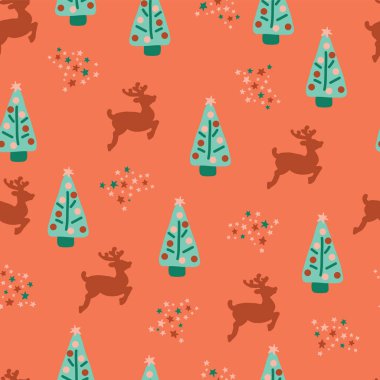 Sorunsuz imkanı Ren geyiği yıldız deseni elle çizilmiş vektör Noel ağaçları yineleyin. Şeftali turuncu arka plan. İçin kumaş, hediye paketi, poster, tebrik kartı, yeni yıl eğlencesi daveti, kız, dekor, kış tatili, kağıtları