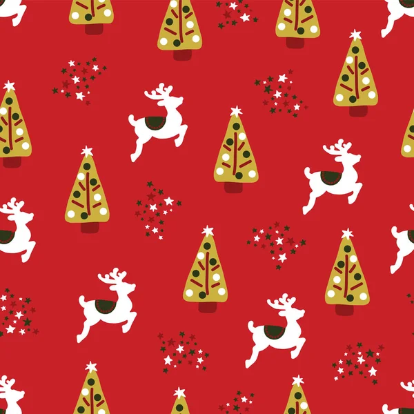 クリスマス休暇 シームレスな繰り返しベクトル パターン手描きです トナカイ ツリー 赤の背景につ星の評価 冬の生地 ギフト用の包装紙 パッケージ ポスター — ストックベクタ
