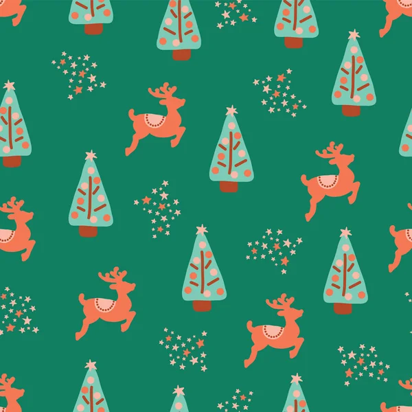 Christmas holidays trees reindeer vector pattern — Stock Vector