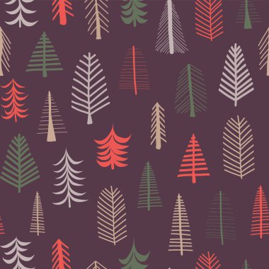 Noel ağaçları arka plan. Sorunsuz vektör desen tekrar döşemesi. Yeşil, kahverengi ve kırmızı mor ağaçta doodle. Kumaşlar, kağıt, hediye paketi, kartı, web afiş, davetiye için İskandinav Noel tasarım