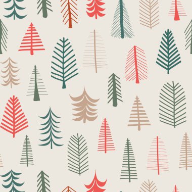 Noel ağacı arka plan. Vektör seamless modeli tekrar kiremit. Yeşil, kahverengi, kırmızı doodle ağaç. İskandinav Noel zemin. Kumaş, kağıt, hediye paketi, kartı, web afiş, davetiye, pagefill, dekor