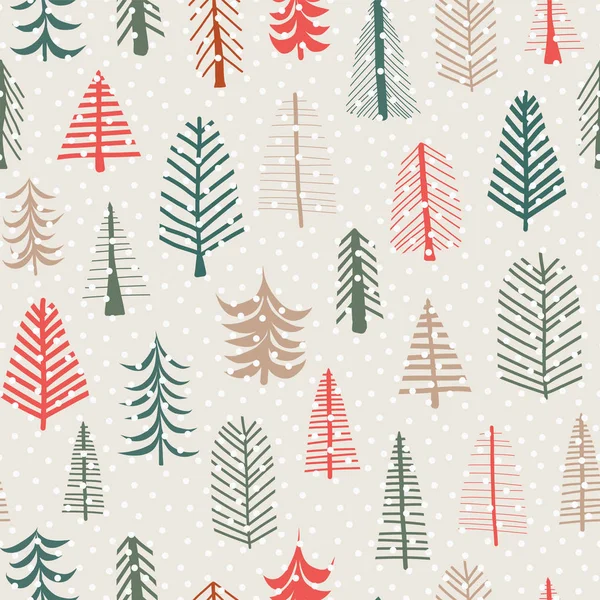 Christmas tree vector seamless pattern repeat tile. Green, brown, red doodle trees and snowflakes. Scandinavian Christmas background for fabric, paper, card, web banner, invitations, wrapping, decor — Stock Vector