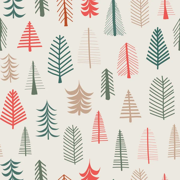 Fondo del árbol de Navidad. Vector patrón sin costura repetición de baldosas. Árbol de garabatos verde, marrón, rojo. Fondo escandinavo de Navidad. Tela, papel, envoltura de regalo, tarjeta, banner web, invitación, relleno de páginas, decoración — Vector de stock