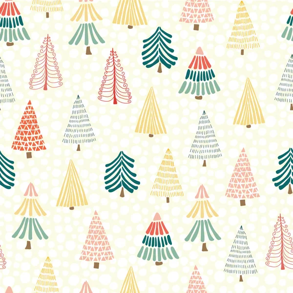 Modern doodle christmas trees in front of snowflakes on a white background. Seamless vector pattern background. Perfect for holiday cards, wrapping paper, and fabric. Geometric Christmas tree design — Stock Vector