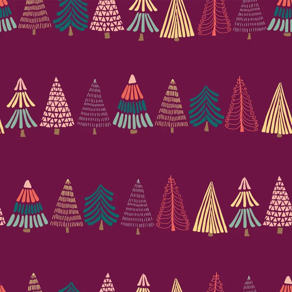 Современные каракули Рождественские елки подряд на темно-розовом фиолетовом фоне. Бесшовный векторный фон. Идеально подходит для праздничных открыток, оберточной бумаги и ткани. Современный абстрактный дизайн . — стоковый вектор